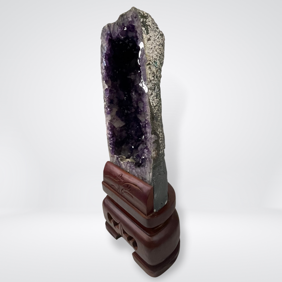 Natural Amethyst with Large Multiple Calcite for Ultimate Prosperity Display Wooden Stand - 14.2kg 660 by 270 by 180mm - Huangs Jadeite and Jewelry Pte Ltd