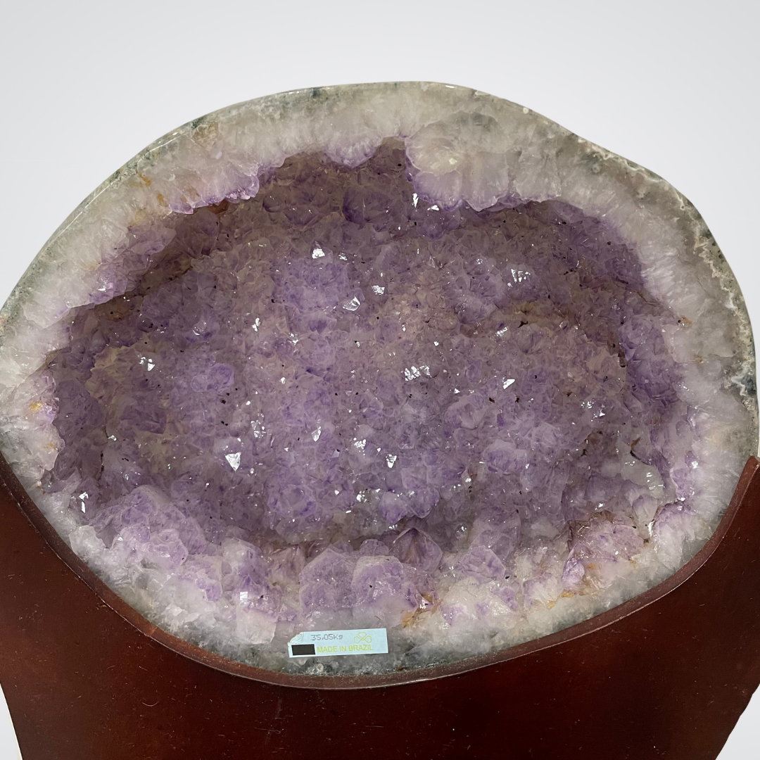 Rare Full Agage Skin Natural Amethyst Display Wooden Stand Wealth Pot with Cover - 5kg x 29.9kg x 19.7kg 815 by 305 by 405mm - Huangs Jadeite and Jewelry Pte Ltd