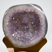 Rare Full Agate without Cement Natural Amethyst with Calcite Display Wooden Stand Wealth Pot - 12.3kg 470 by 180 by 160mm - Huangs Jadeite and Jewelry Pte Ltd