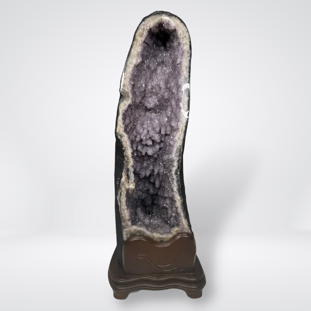 Unique Cave Like Formation (Lime Stone Look) Natural Amethyst Display Wooden Stand - 33.8kg 705 by 270 by 330mm - Huangs Jadeite and Jewelry Pte Ltd