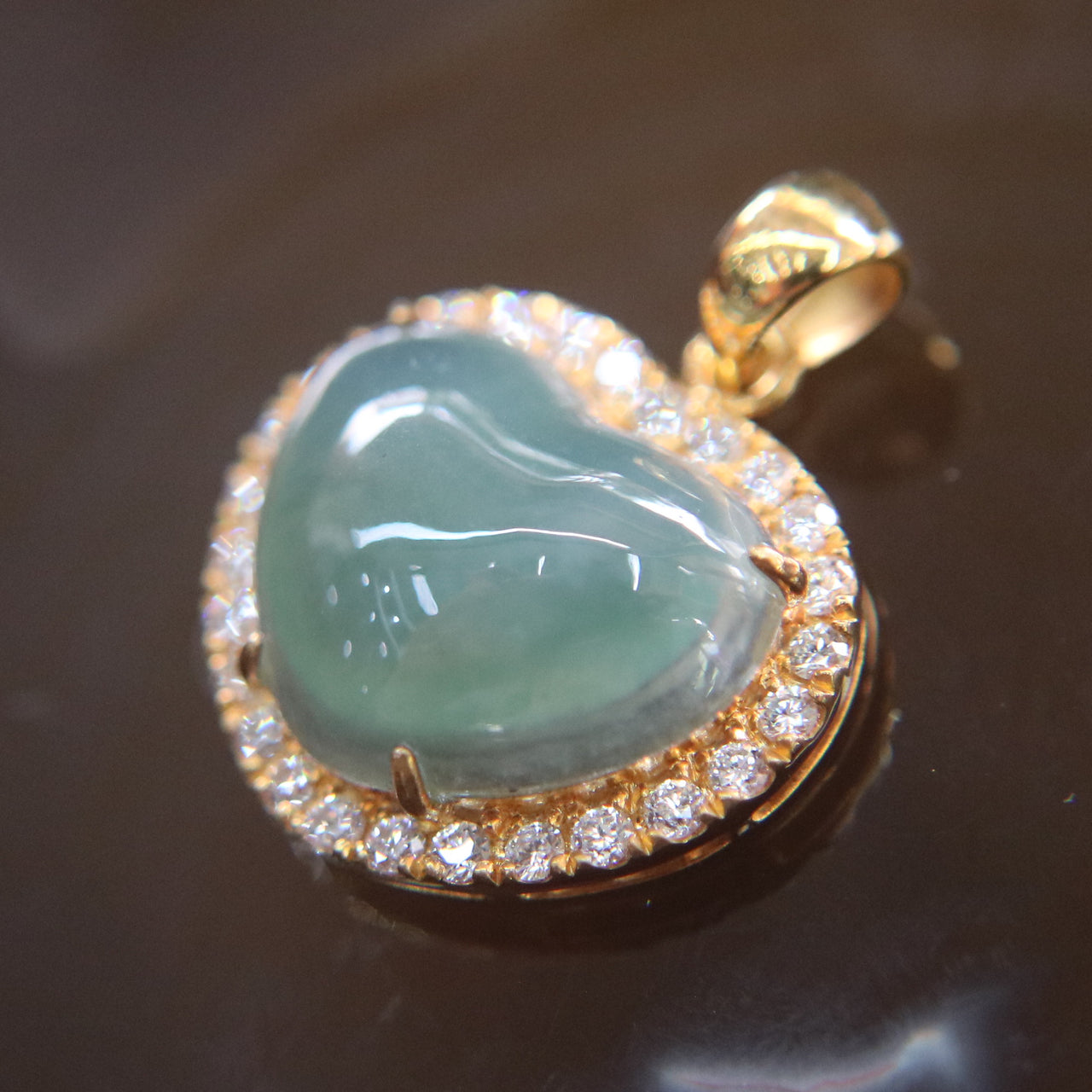 Type A Burmese Jade Jadeite Feng Shui 22k 916 Yellow Gold with Diamonds Heart Pendant 4.82g - Huangs Jadeite and Jewelry Pte Ltd