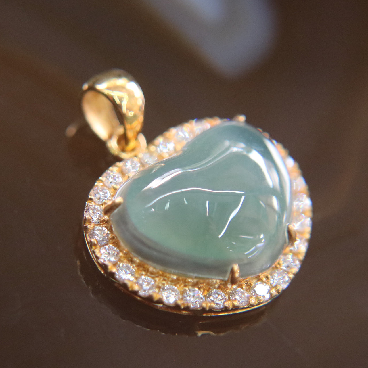 Type A Burmese Jade Jadeite Feng Shui 22k 916 Yellow Gold with Diamonds Heart Pendant 4.82g - Huangs Jadeite and Jewelry Pte Ltd