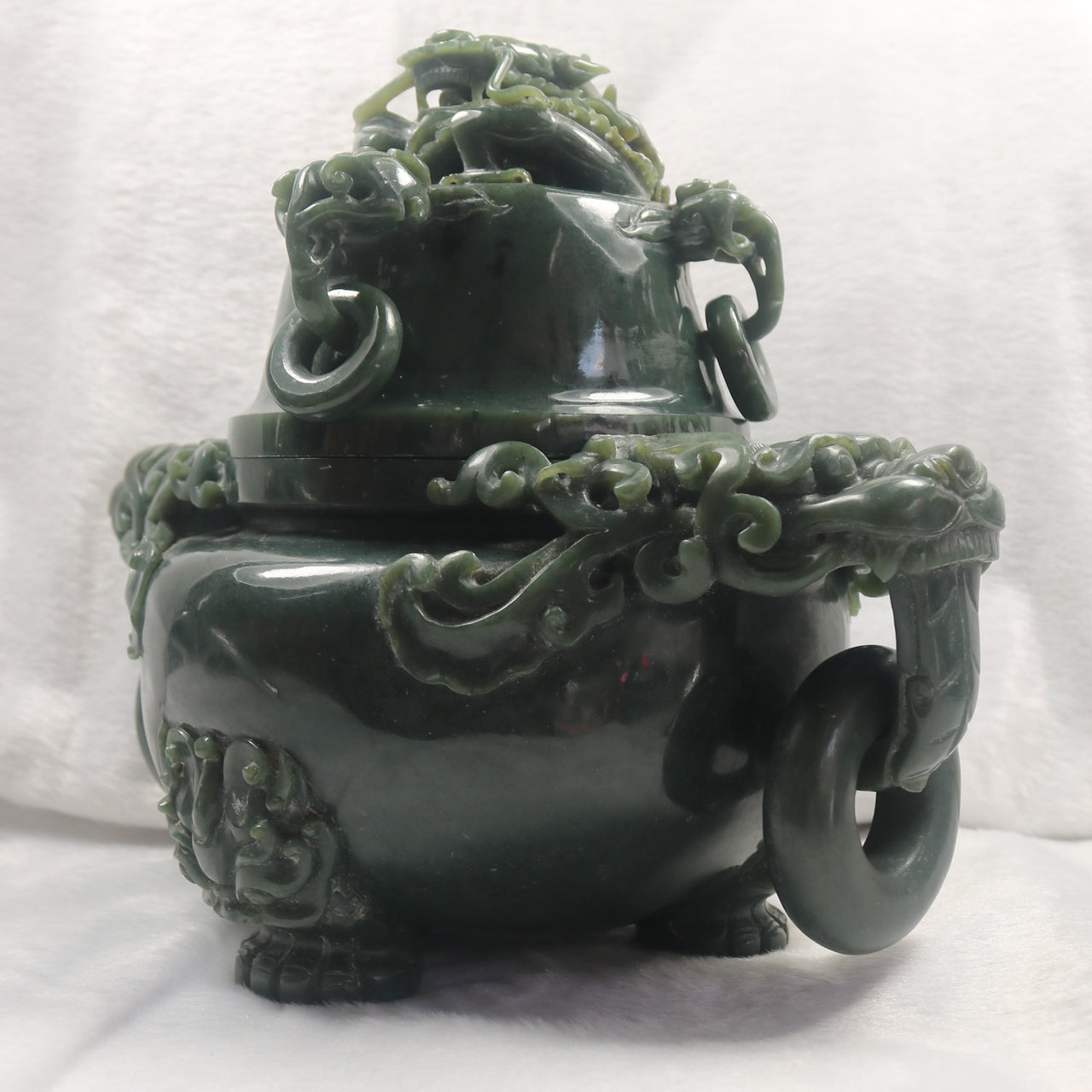 Rare Antique Natural Nephrite Dragon Incense Burner - Huangs Jadeite and Jewelry Pte Ltd