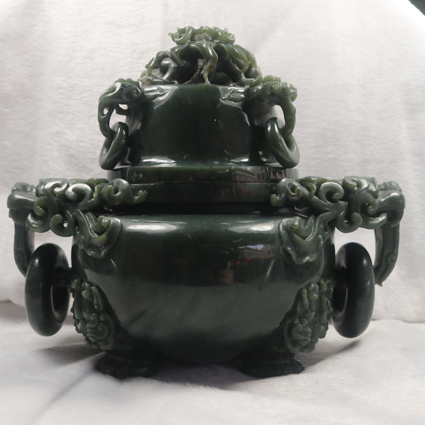 Rare Antique Natural Nephrite Dragon Incense Burner - Huangs Jadeite and Jewelry Pte Ltd