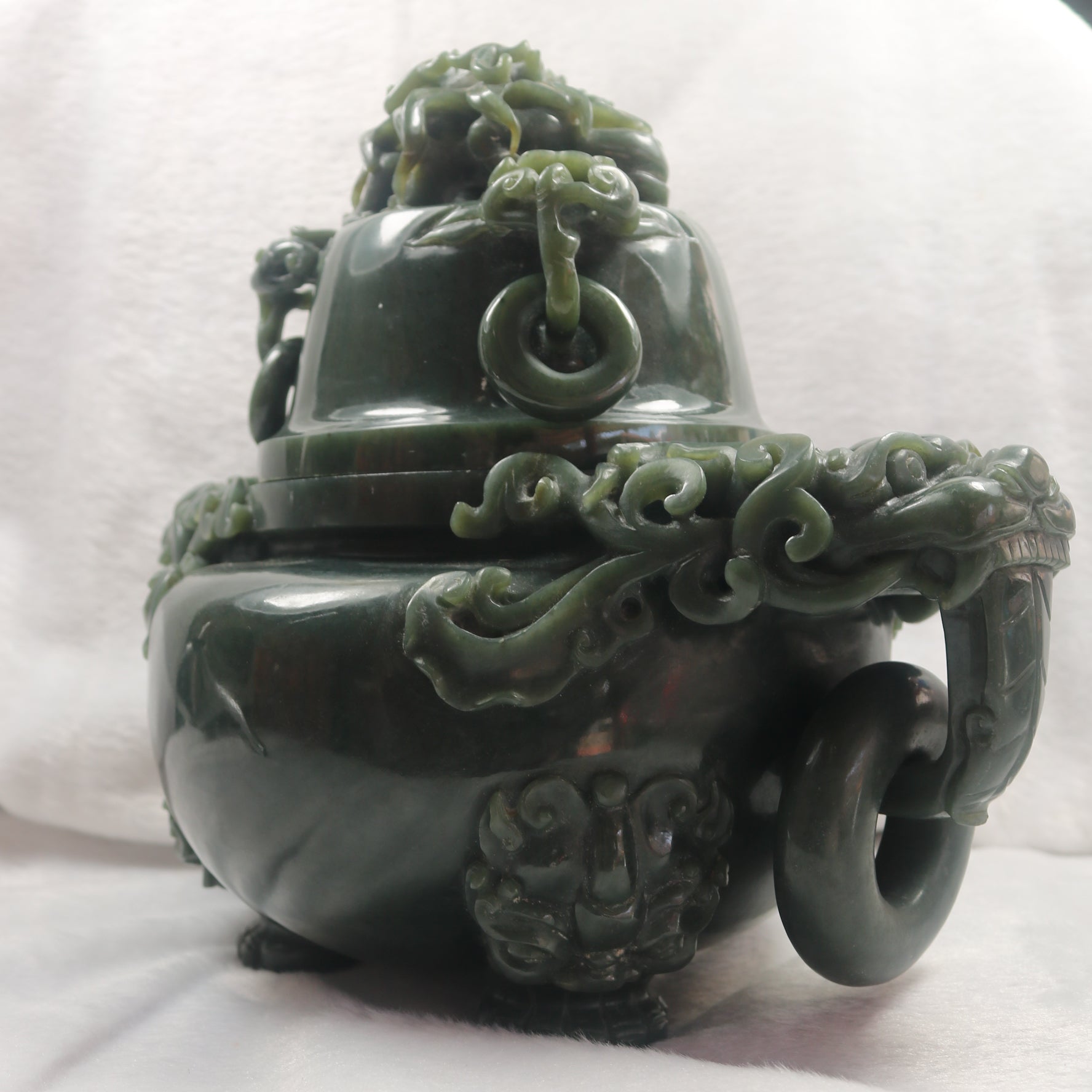 Rare Antique Natural Nephrite Dragon Incense Burner - Huangs Jadeite and Jewelry Pte Ltd