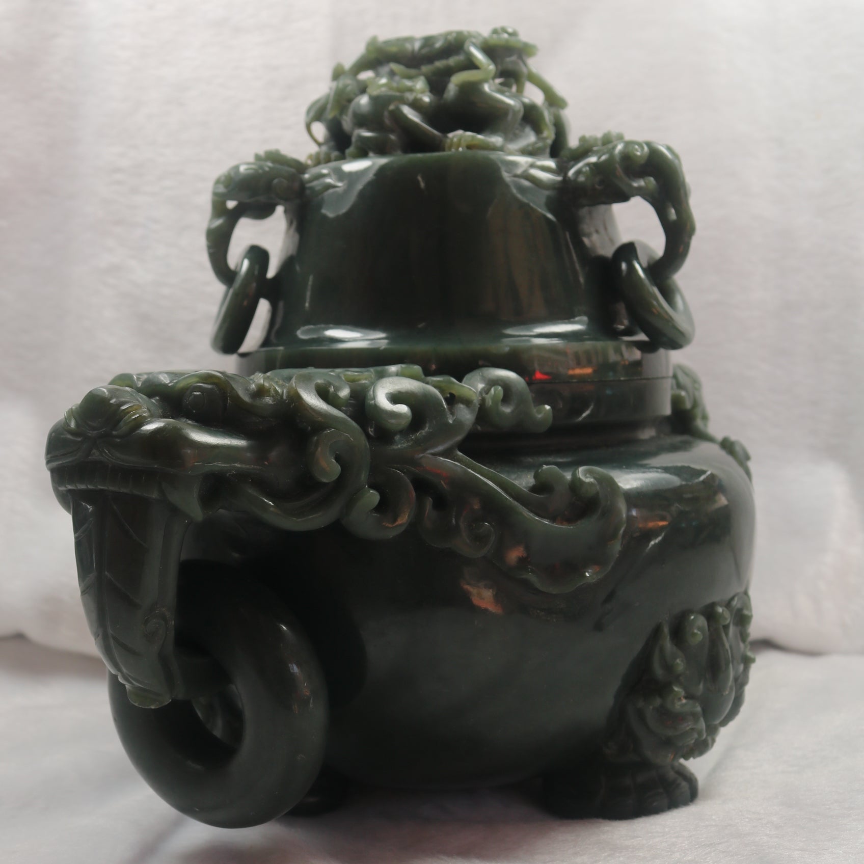 Rare Antique Natural Nephrite Dragon Incense Burner - Huangs Jadeite and Jewelry Pte Ltd