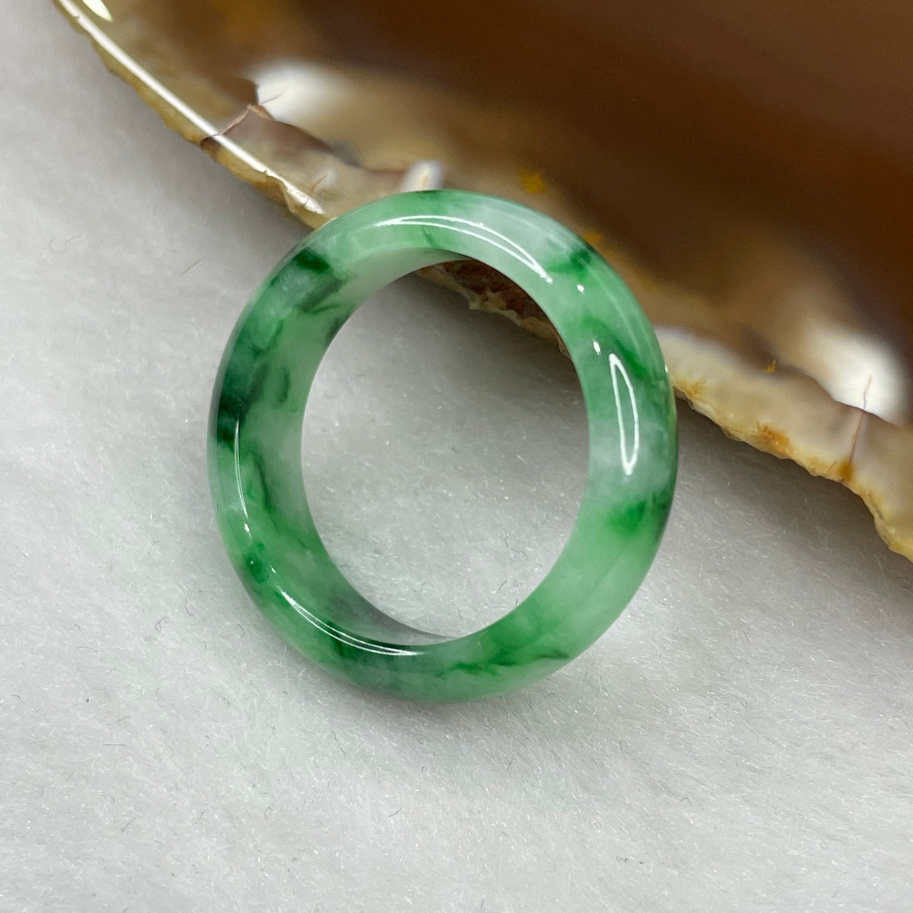 Type A Spicy Green Piao Hua Jade Jadeite Ring - 5.45g US 8.25 HK 18.5 Inner Diameter 18.6mm Thickness 6.2 by 3.2mm - Huangs Jadeite and Jewelry Pte Ltd