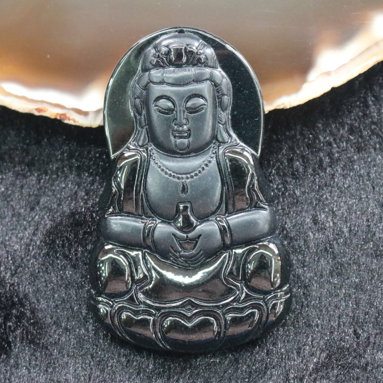 Type A Burmese Black Jade Jadeite Feng Shui Guan Yin Pendant 34.46g 66.1 by 41.5 by 7.5mm - Huangs Jadeite and Jewelry Pte Ltd