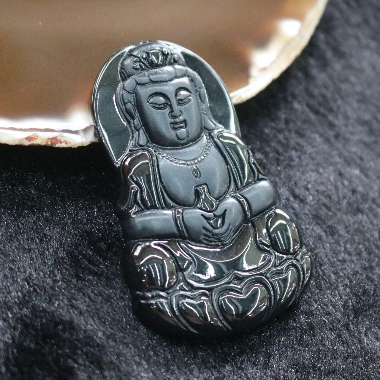 Type A Burmese Black Jade Jadeite Feng Shui Guan Yin Pendant 34.46g 66.1 by 41.5 by 7.5mm - Huangs Jadeite and Jewelry Pte Ltd