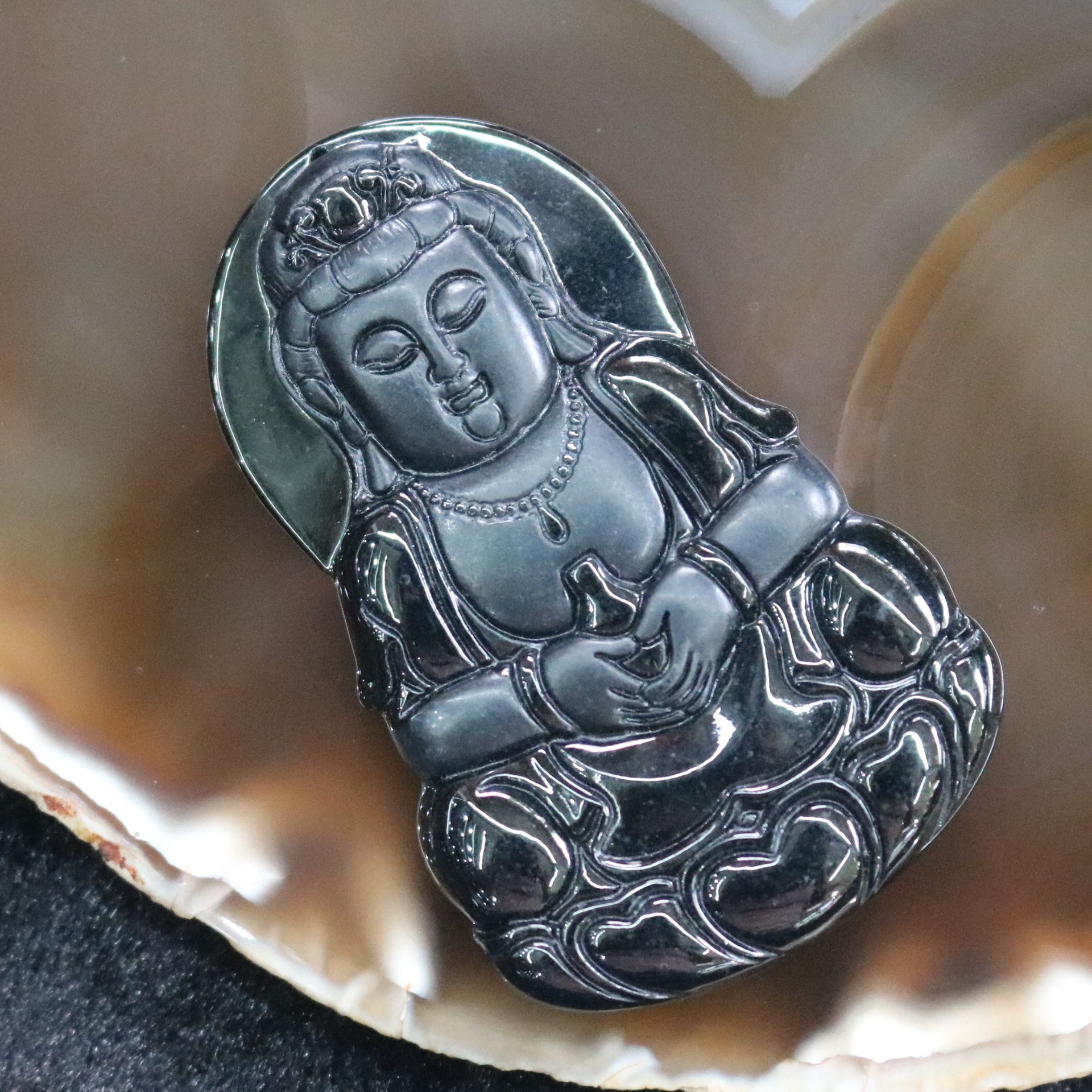 Type A Burmese Black Jade Jadeite Feng Shui Guan Yin Pendant 34.46g 66.1 by 41.5 by 7.5mm - Huangs Jadeite and Jewelry Pte Ltd