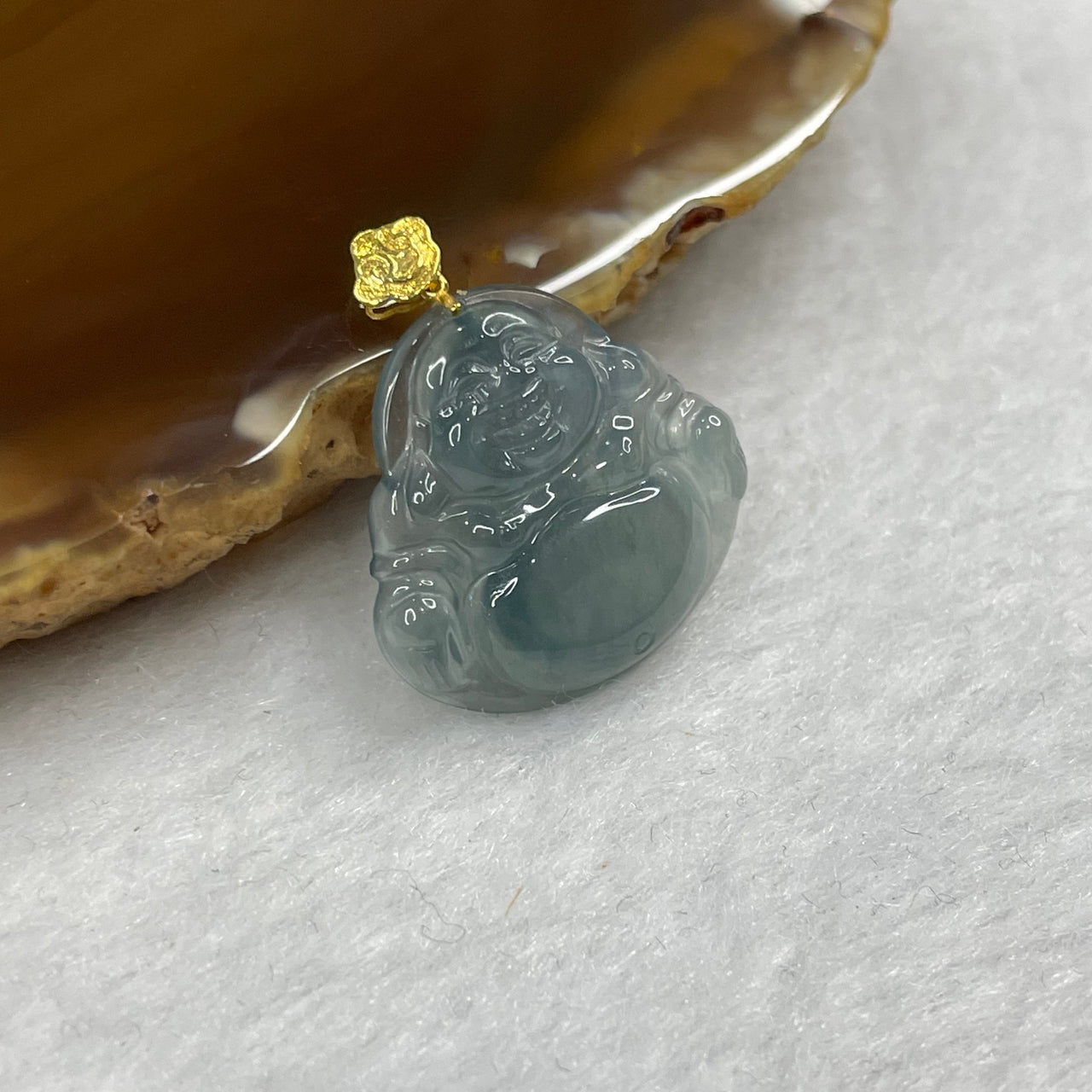 Type A Semi Icy Blueish Green Jade Jadeite Milo Buddha Pendant with 18k Gold Clasp - 2.35g 19.4 by 20.8 by 3.7 mm - Huangs Jadeite and Jewelry Pte Ltd