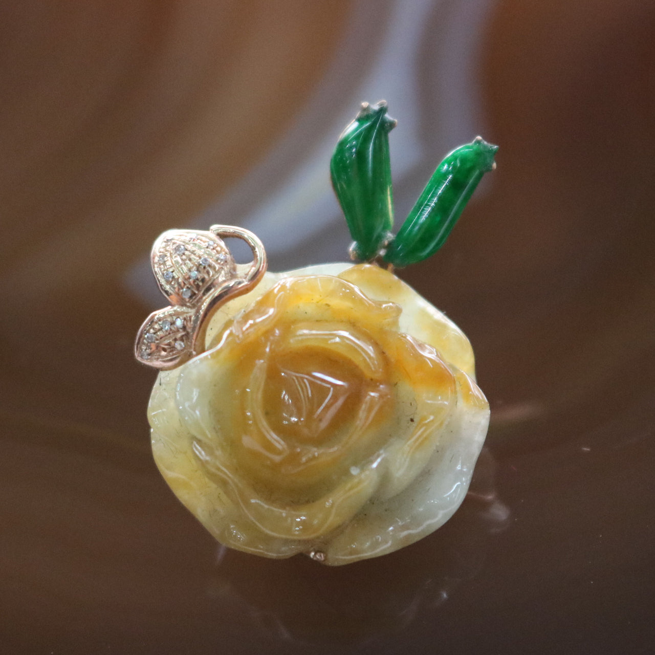 Type A Burmese Jade Jadeite Huang Fei Peony Flower in 18k Rose Gold with Natural Diamonds - 8.33g L21.1 W29.9 D13.3mm - Huangs Jadeite and Jewelry Pte Ltd