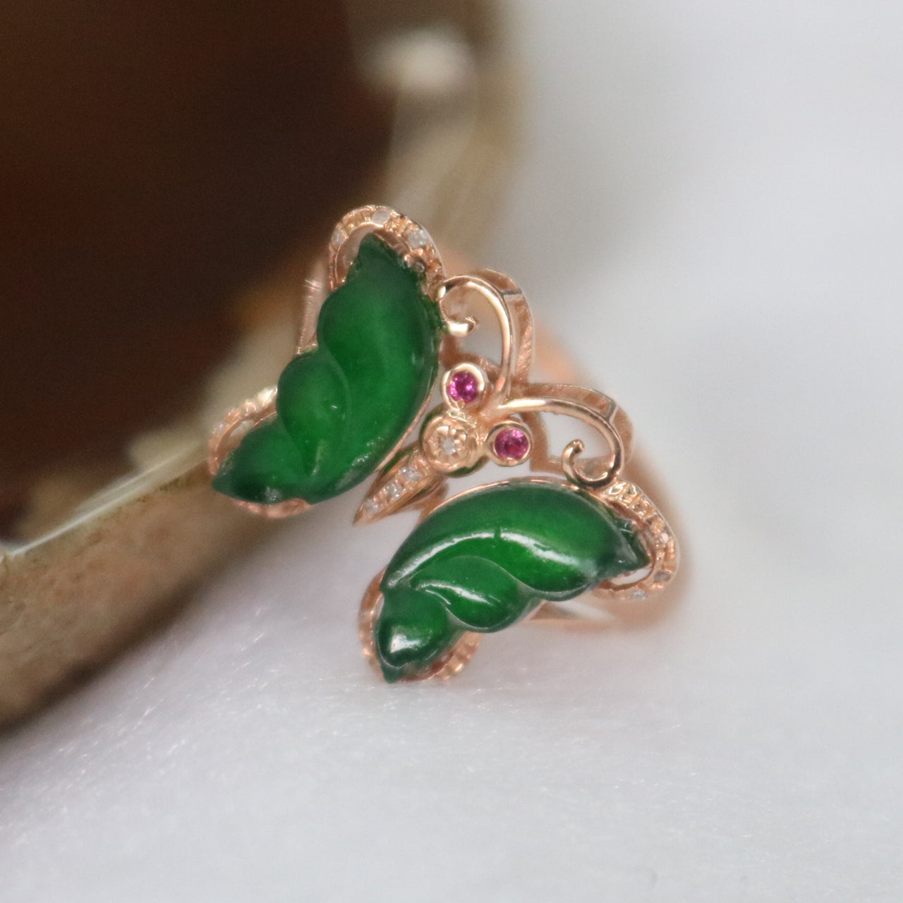 Type A Green Burmese Icy Butterfly Jade Jadeite ring in 18k rose gold & natural diamonds 1.87 g  Ring Size: US 6.5 - Huangs Jadeite and Jewelry Pte Ltd