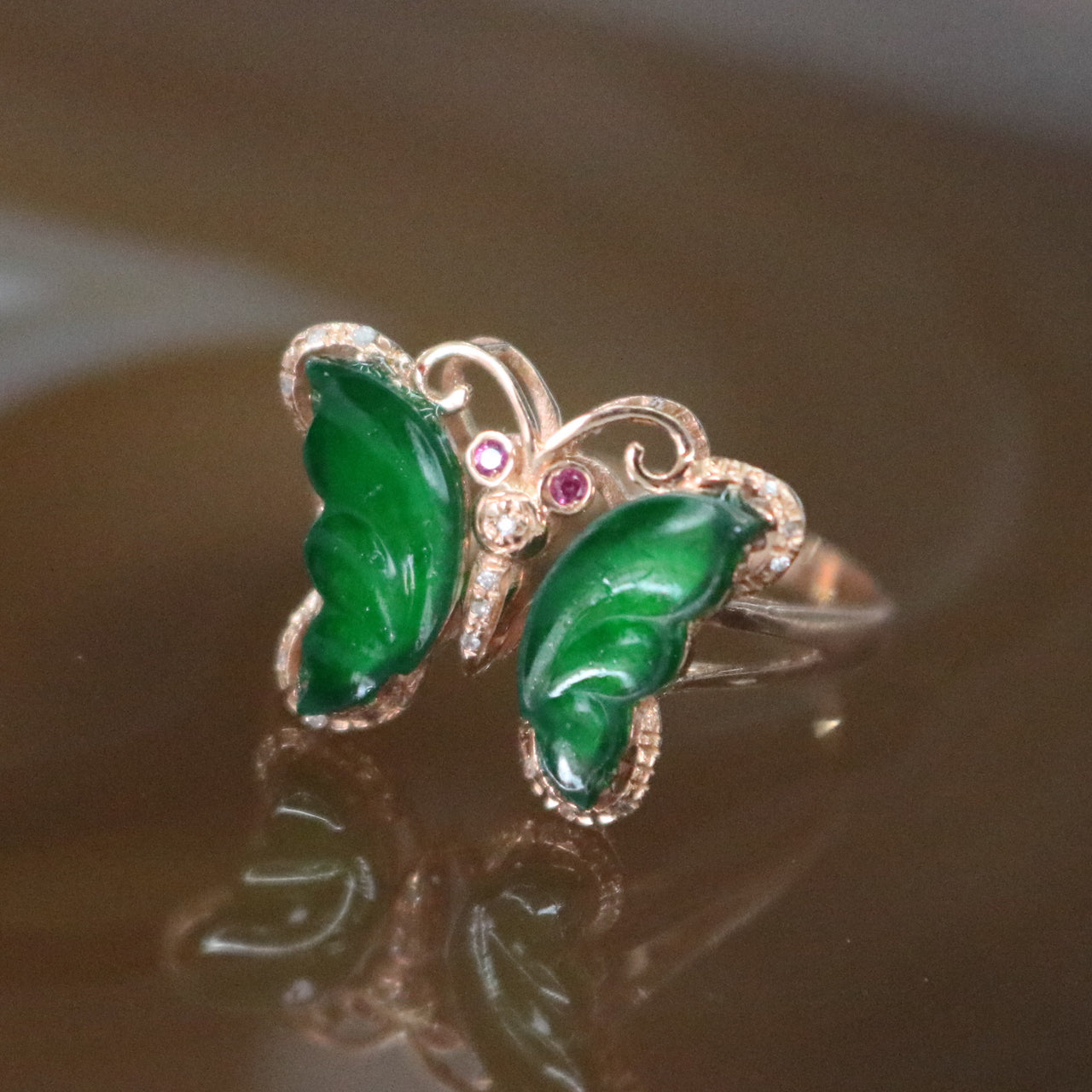 Type A Green Burmese Icy Butterfly Jade Jadeite ring in 18k rose gold & natural diamonds 1.87 g  Ring Size: US 6.5 - Huangs Jadeite and Jewelry Pte Ltd