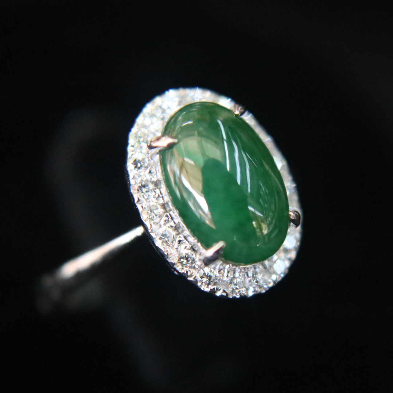 Type A Green Burmese jadeite ring in 18k white gold & natural diamonds - 3.58g size US6 - Huangs Jadeite and Jewelry Pte Ltd