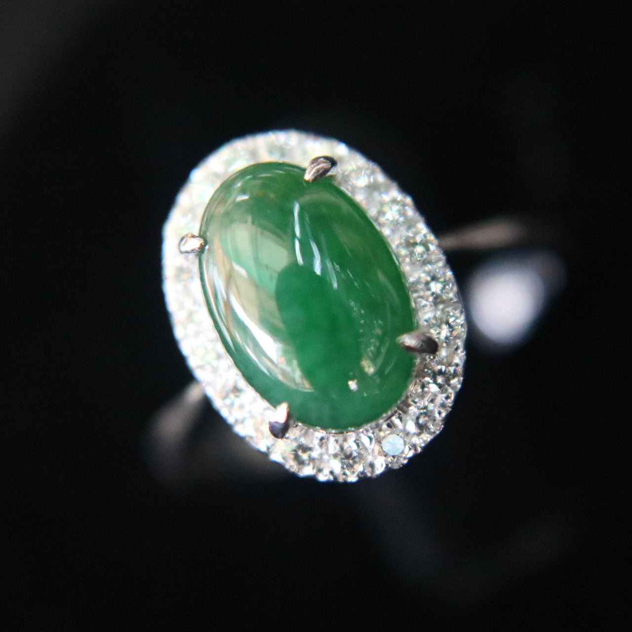 Type A Green Burmese jadeite ring in 18k white gold & natural diamonds - 3.58g size US6 - Huangs Jadeite and Jewelry Pte Ltd