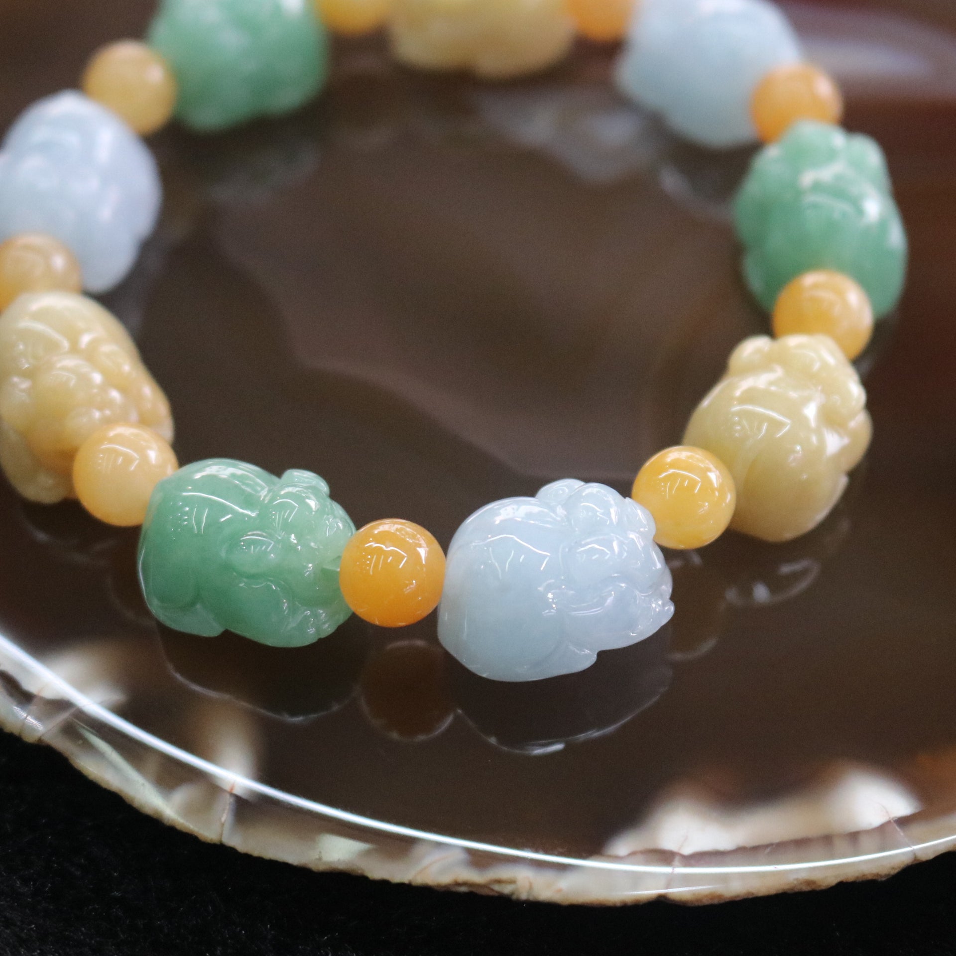 Type A Burmese Multi colour Pig Jade Jadeite Beads Bracelet 52.18g Dimensions per Pig: L17.8 W13.2 D10.5mm - Huangs Jadeite and Jewelry Pte Ltd