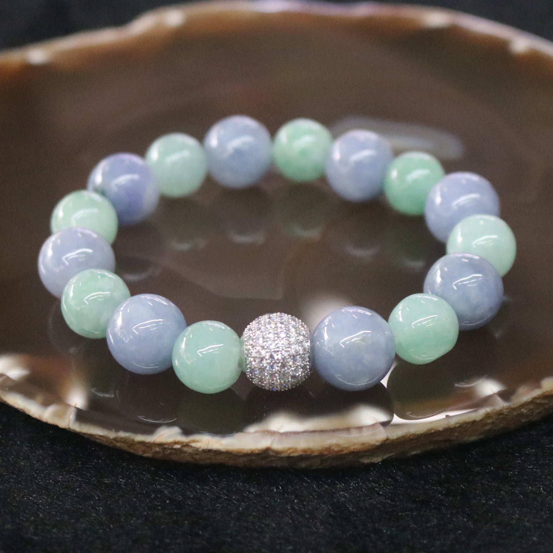 Type A Burmese Jade Jadeite Lavender and Green Beads Bracelet - 53.81g 16 beads - Huangs Jadeite and Jewelry Pte Ltd