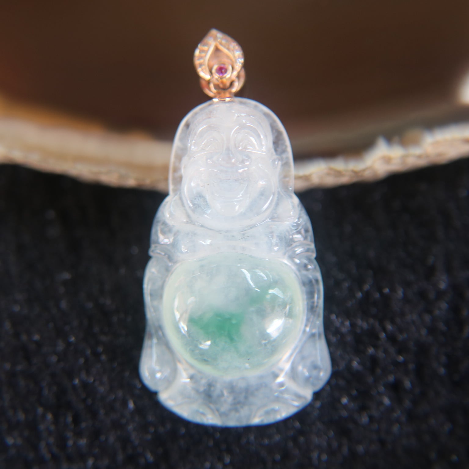 Type A Icy Milo Buddha set in 18k 750 Rose gold Pendant - Huangs Jadeite and Jewelry Pte Ltd