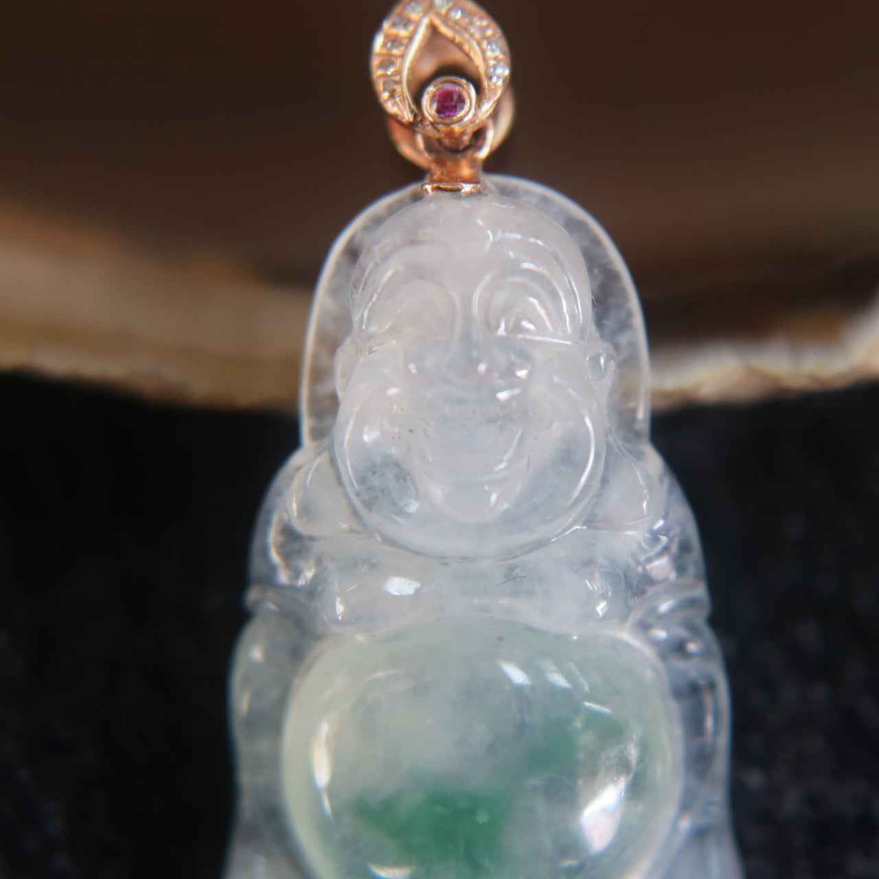 Type A Icy Milo Buddha set in 18k 750 Rose gold Pendant - Huangs Jadeite and Jewelry Pte Ltd