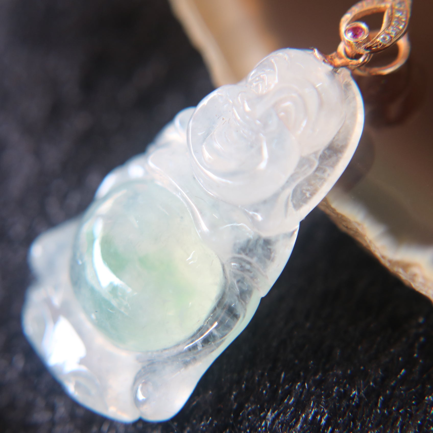 Type A Icy Milo Buddha set in 18k 750 Rose gold Pendant - Huangs Jadeite and Jewelry Pte Ltd