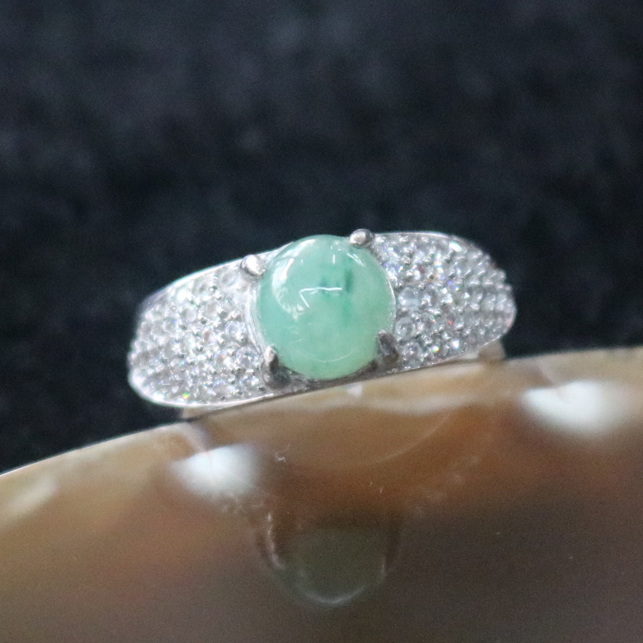 Icy Type A Burmese Jade Jadeite Ring set in 925 Sliver and Zircon - 5.88g - Huangs Jadeite and Jewelry Pte Ltd