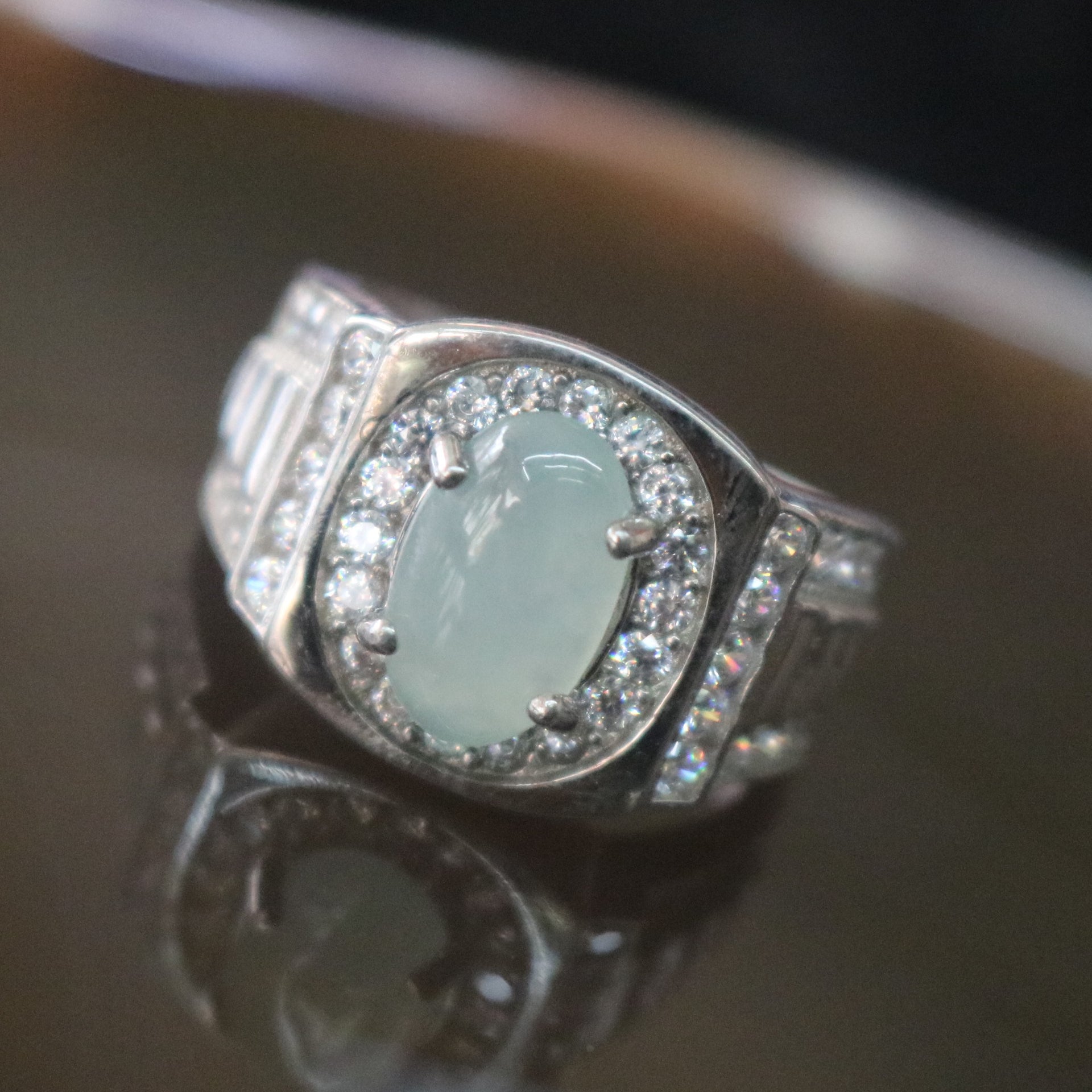 Icy Type A Burmese Jade Jadeite Ring set in 925 Sliver and Zircon - 6.4g - Huangs Jadeite and Jewelry Pte Ltd