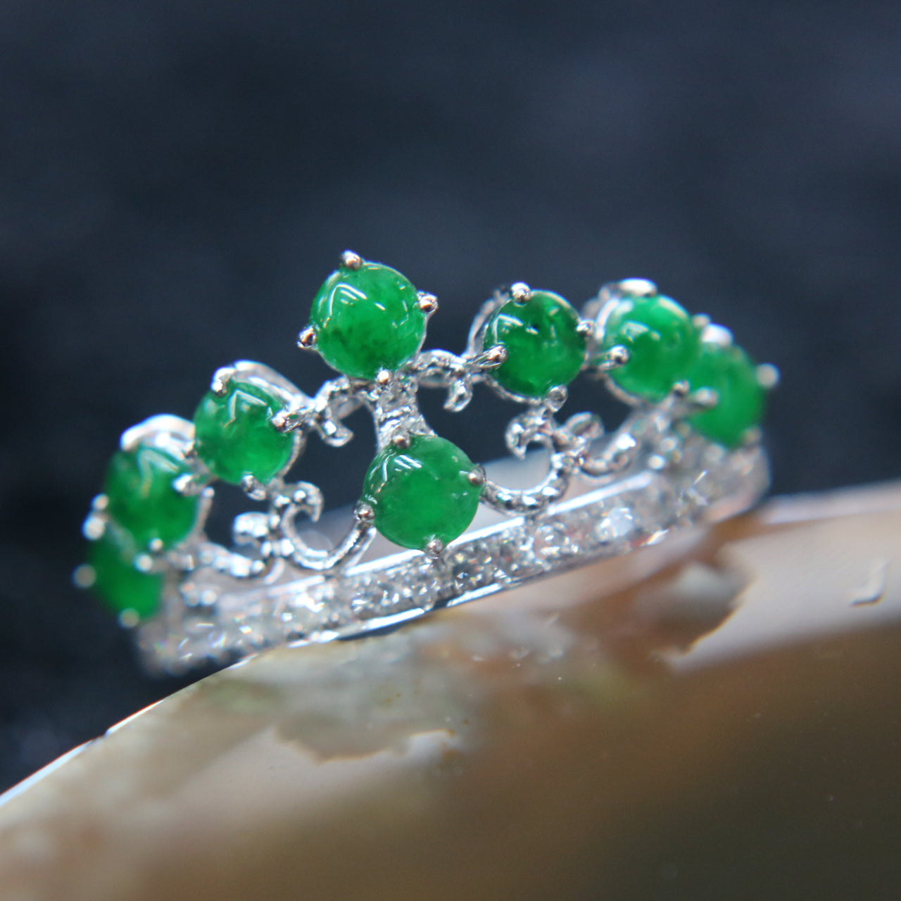 Type A Green Burmese jadeite Tiara ring in 18k white gold & natural diamonds - Huangs Jadeite and Jewelry Pte Ltd