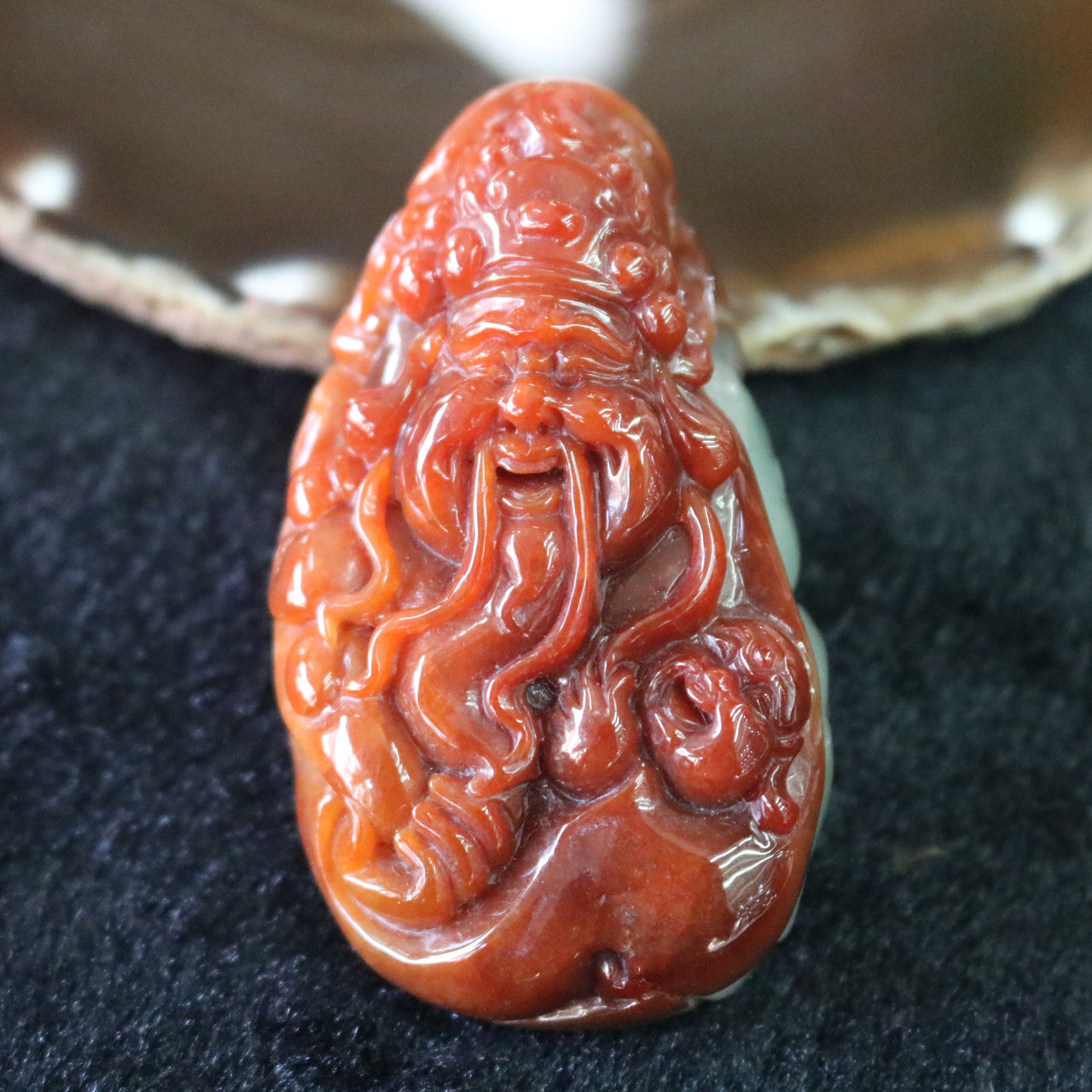 Type A Burmese Red Jade Jadeite God of Fortune Cai Sheng with NGI Cert - 122.48g L38.4 W67.3 D28.3mm - Huangs Jadeite and Jewelry Pte Ltd