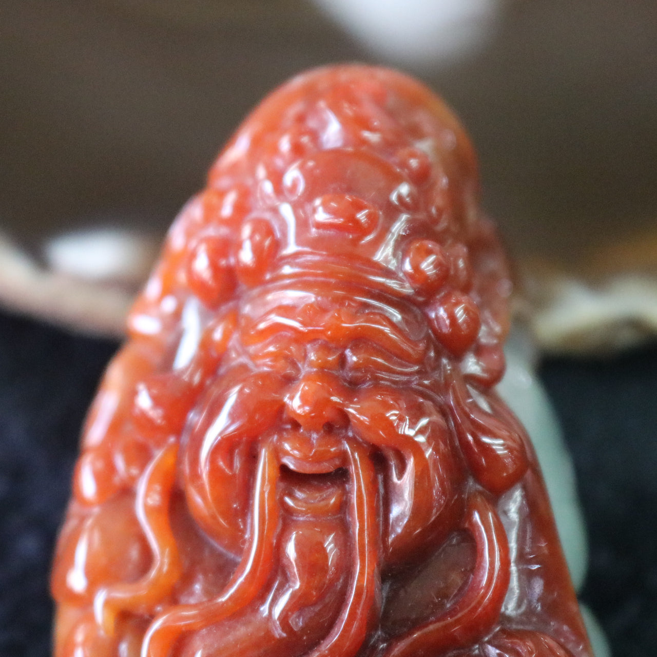 Type A Burmese Red Jade Jadeite God of Fortune Cai Sheng with NGI Cert - 122.48g L38.4 W67.3 D28.3mm - Huangs Jadeite and Jewelry Pte Ltd