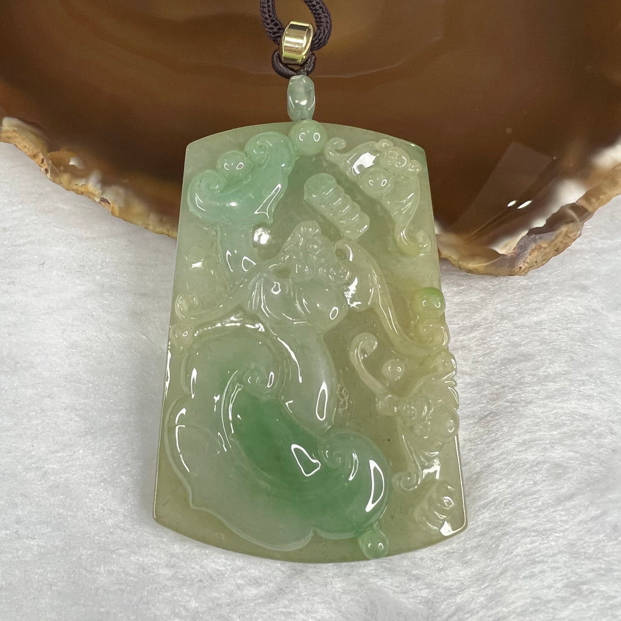 Grand Master Type A Green and Yellow Bat and Ruyi Pendant 57.66g 63.8 by 42.6 by 8.3 mm - Huangs Jadeite and Jewelry Pte Ltd