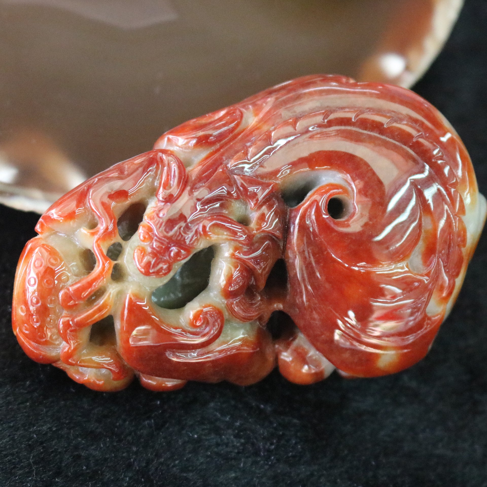 Type A Burmese Jade Jadeite Feng Shui Red Dragon Handplay 192.25g 50.8 by 81.1 by 32.9 mm - Huangs Jadeite and Jewelry Pte Ltd