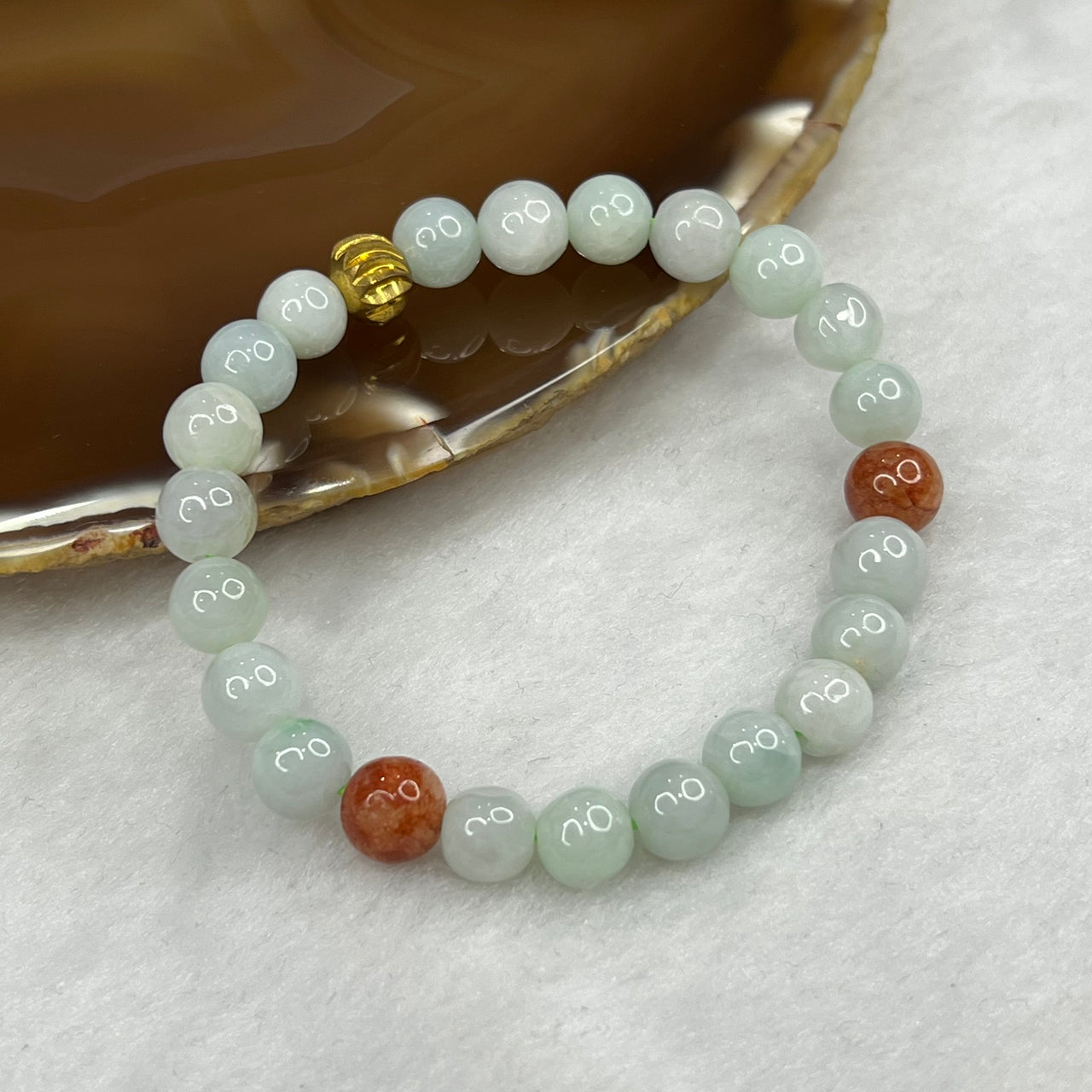 Type A Green and Red Jade Jadeite Bracelet 17.41g 7.6mm/bead 23 Beads - Huangs Jadeite and Jewelry Pte Ltd