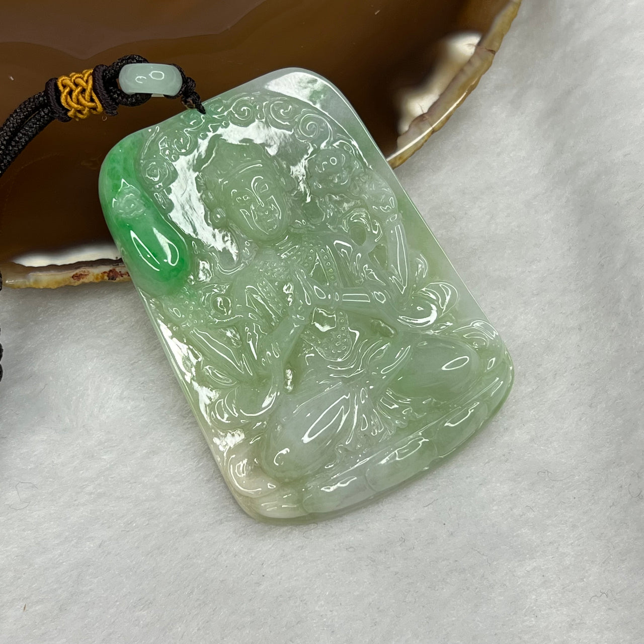 Type A Semi Icy Green Jade Jadeite Guan Yin Pendant - 48.0g 66.2 by 47.3 by 8.5mm - Huangs Jadeite and Jewelry Pte Ltd