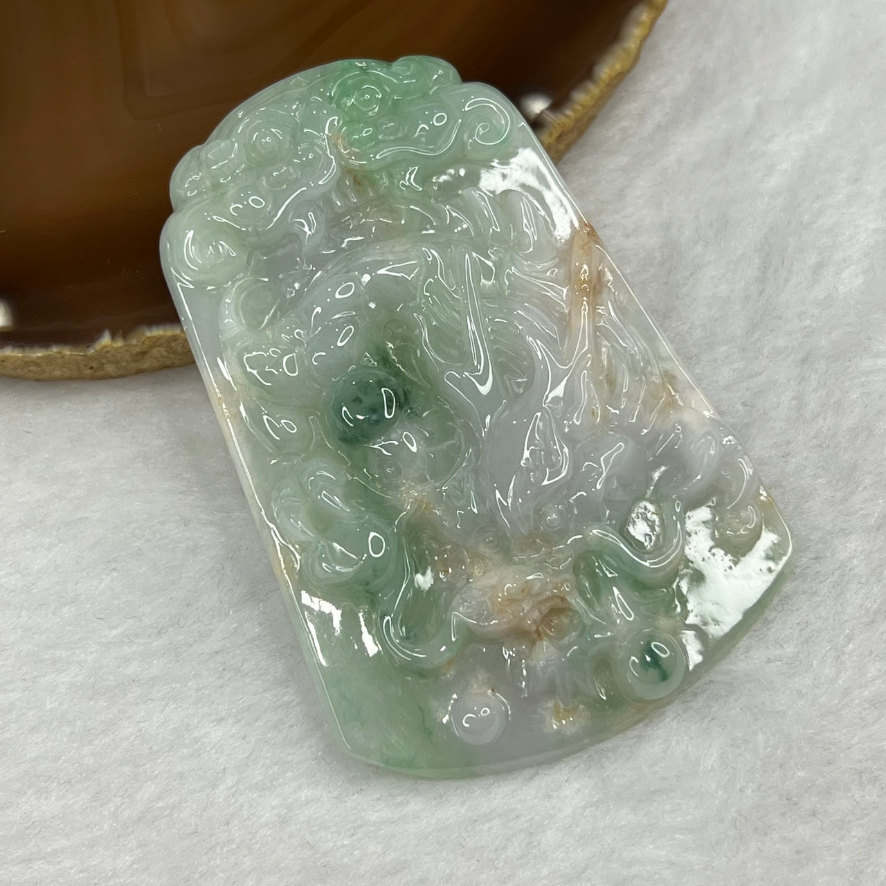 Type A Green, Lavender and Red Jade Jadeite Dragon Pendant 55.04g 74.2 by 48.7 by 8.4 mm - Huangs Jadeite and Jewelry Pte Ltd