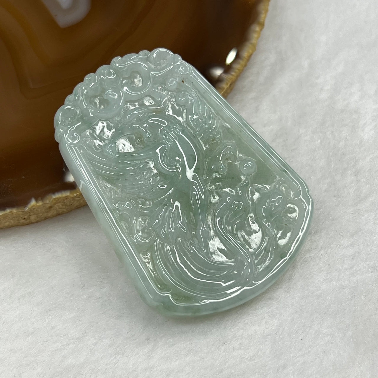 Type A Semi Icy Green Jade Jadeite Phoenix Pendant 35.42g 57.5 by 42.3 by 6.6 mm - Huangs Jadeite and Jewelry Pte Ltd