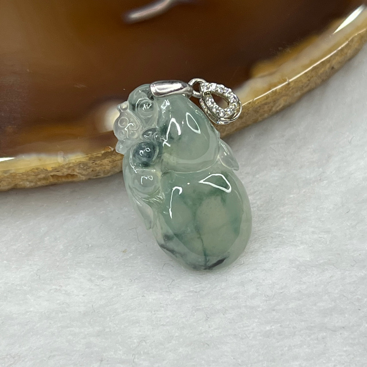 Type A Semi Icy Green Piao Hua Monkey and Hulu Jade Jadeite Pendant with 925 Silver Clasp 3.41g 25.8 by 14.8 by 5.4mm - Huangs Jadeite and Jewelry Pte Ltd