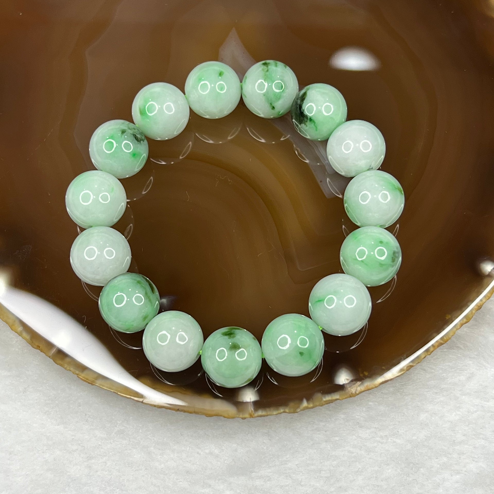 Type A Piao Hua Green Jadeite Bracelet 59.50g 13.5mm/bead 15 beads - Huangs Jadeite and Jewelry Pte Ltd