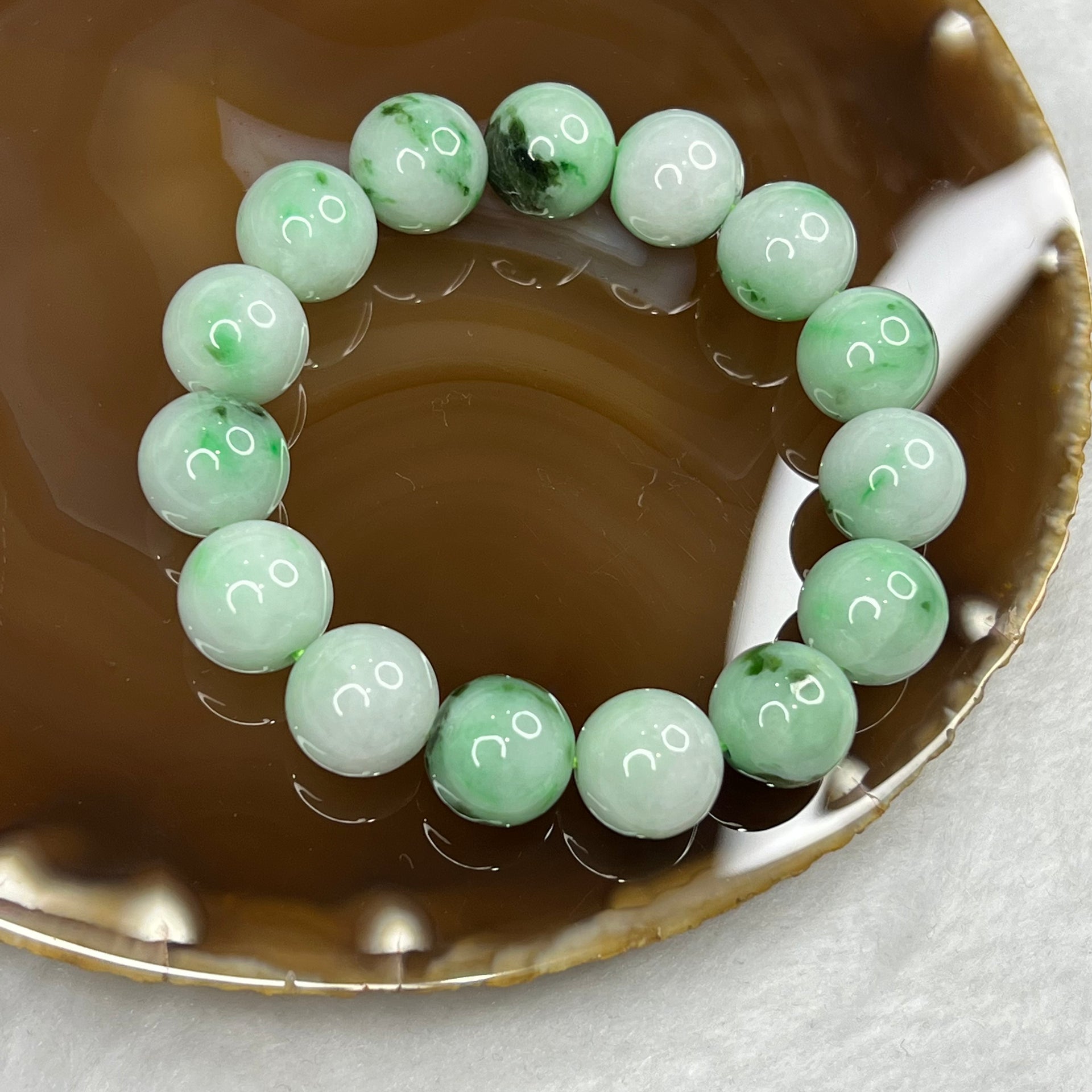 Type A Piao Hua Green Jadeite Bracelet 59.50g 13.5mm/bead 15 beads - Huangs Jadeite and Jewelry Pte Ltd