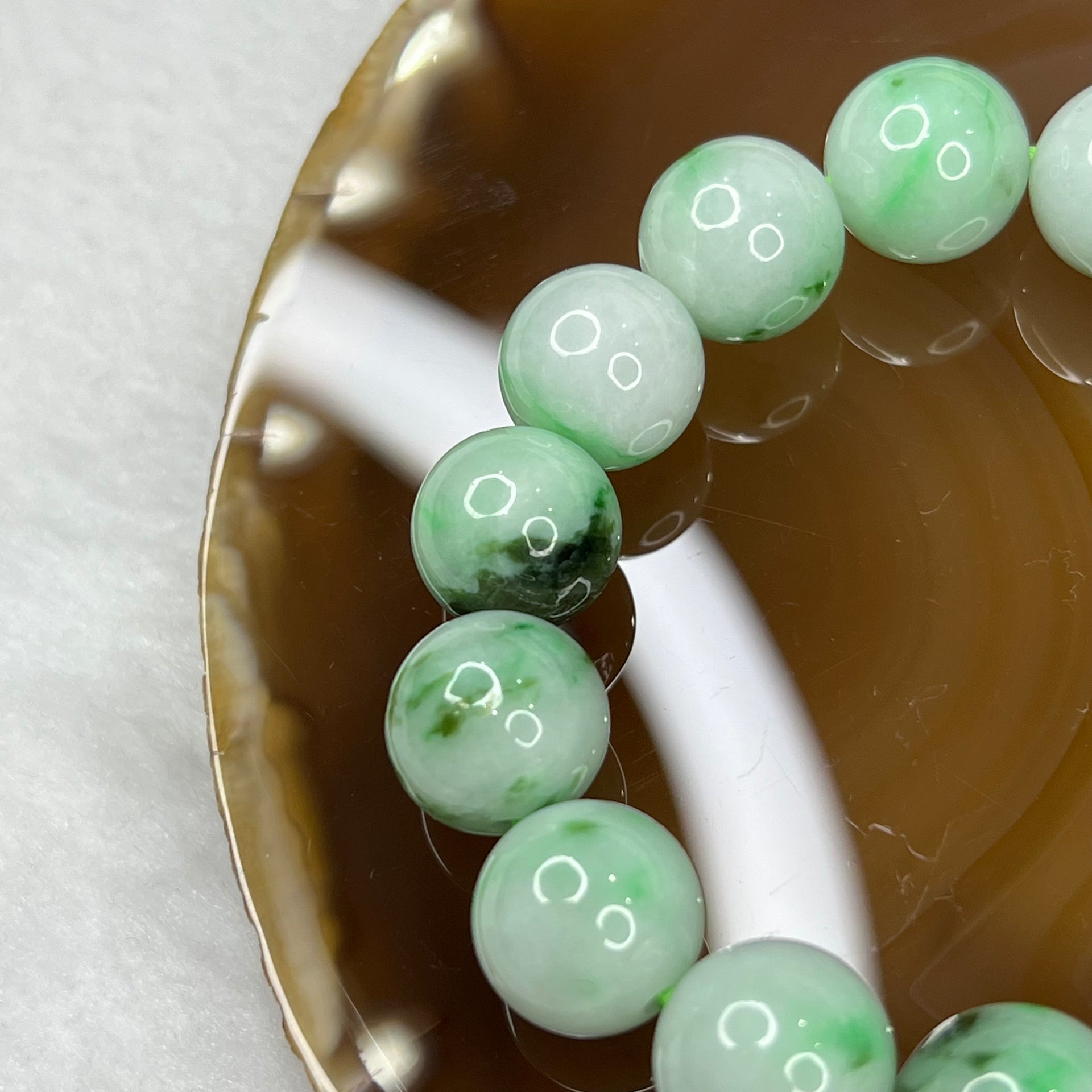 Type A Piao Hua Green Jadeite Bracelet 59.50g 13.5mm/bead 15 beads - Huangs Jadeite and Jewelry Pte Ltd