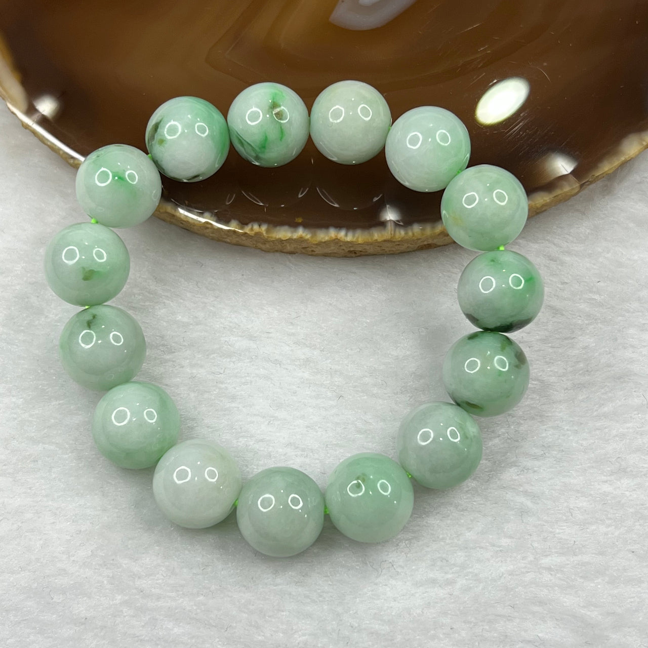 Type A Faint Apple Green Jade Jadeite Beads Bracelet 58.13g 13.3mm/bead 15 Beads - Huangs Jadeite and Jewelry Pte Ltd