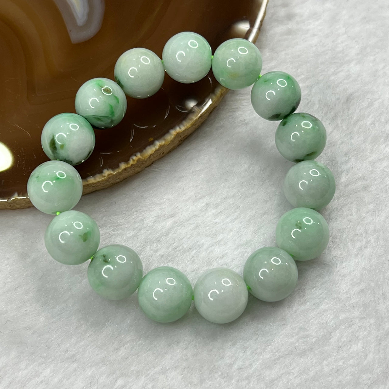 Type A Faint Apple Green Jade Jadeite Beads Bracelet 58.13g 13.3mm/bead 15 Beads - Huangs Jadeite and Jewelry Pte Ltd