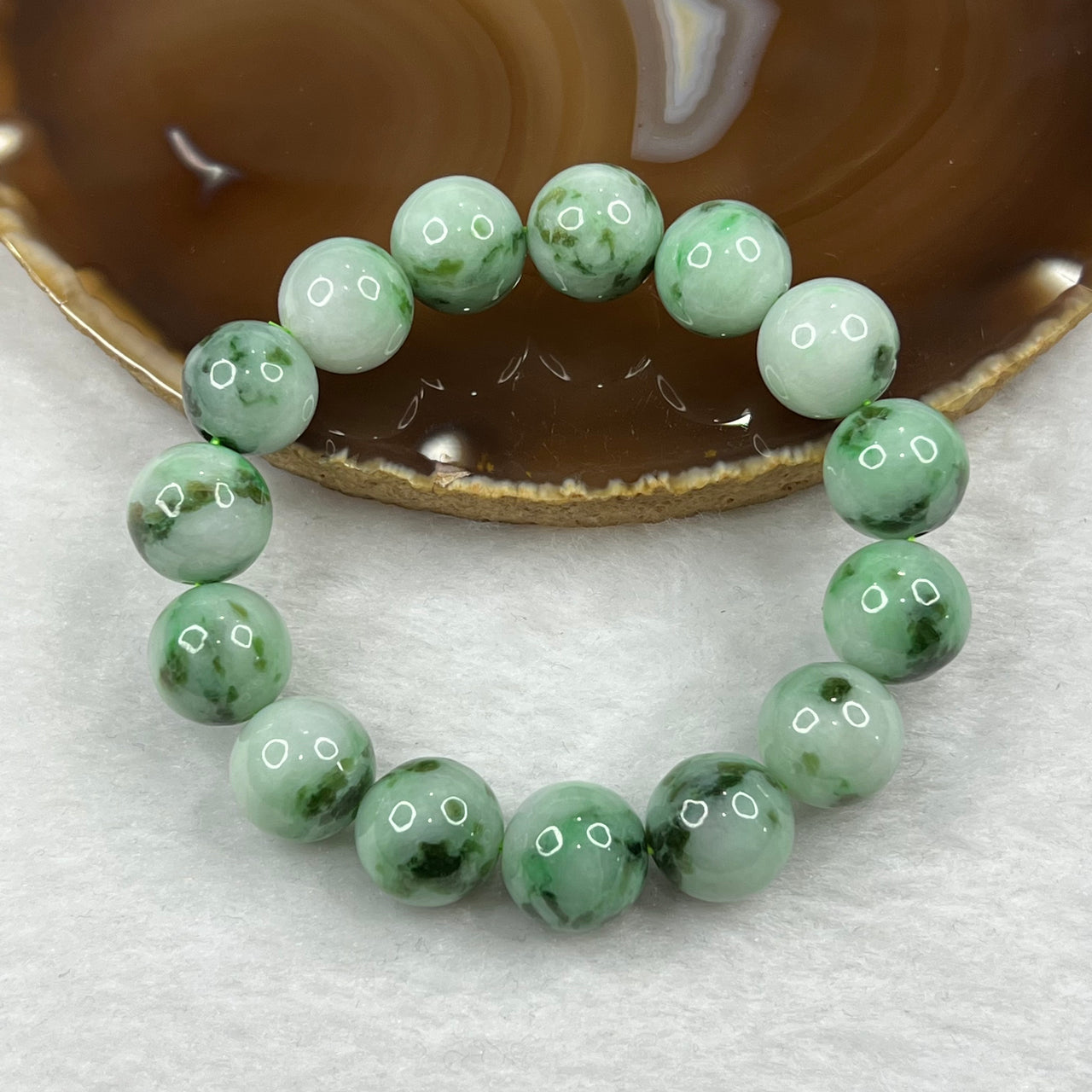 Type A Light Green with Spicy Green Jade Jadeite Bracelet 66.61g 13.9mm/bead 15 beads - Huangs Jadeite and Jewelry Pte Ltd