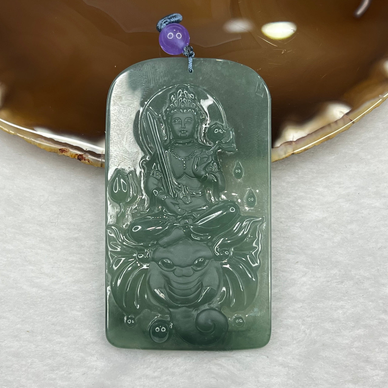 Type A Semi Icy Blueish Green Jade Jadeite Guan Yin Pendant - 35.47g 75.1 by 42.9 by 6.1mm - Huangs Jadeite and Jewelry Pte Ltd