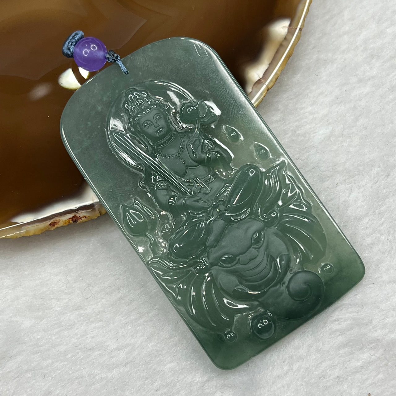 Type A Semi Icy Blueish Green Jade Jadeite Guan Yin Pendant - 35.47g 75.1 by 42.9 by 6.1mm - Huangs Jadeite and Jewelry Pte Ltd