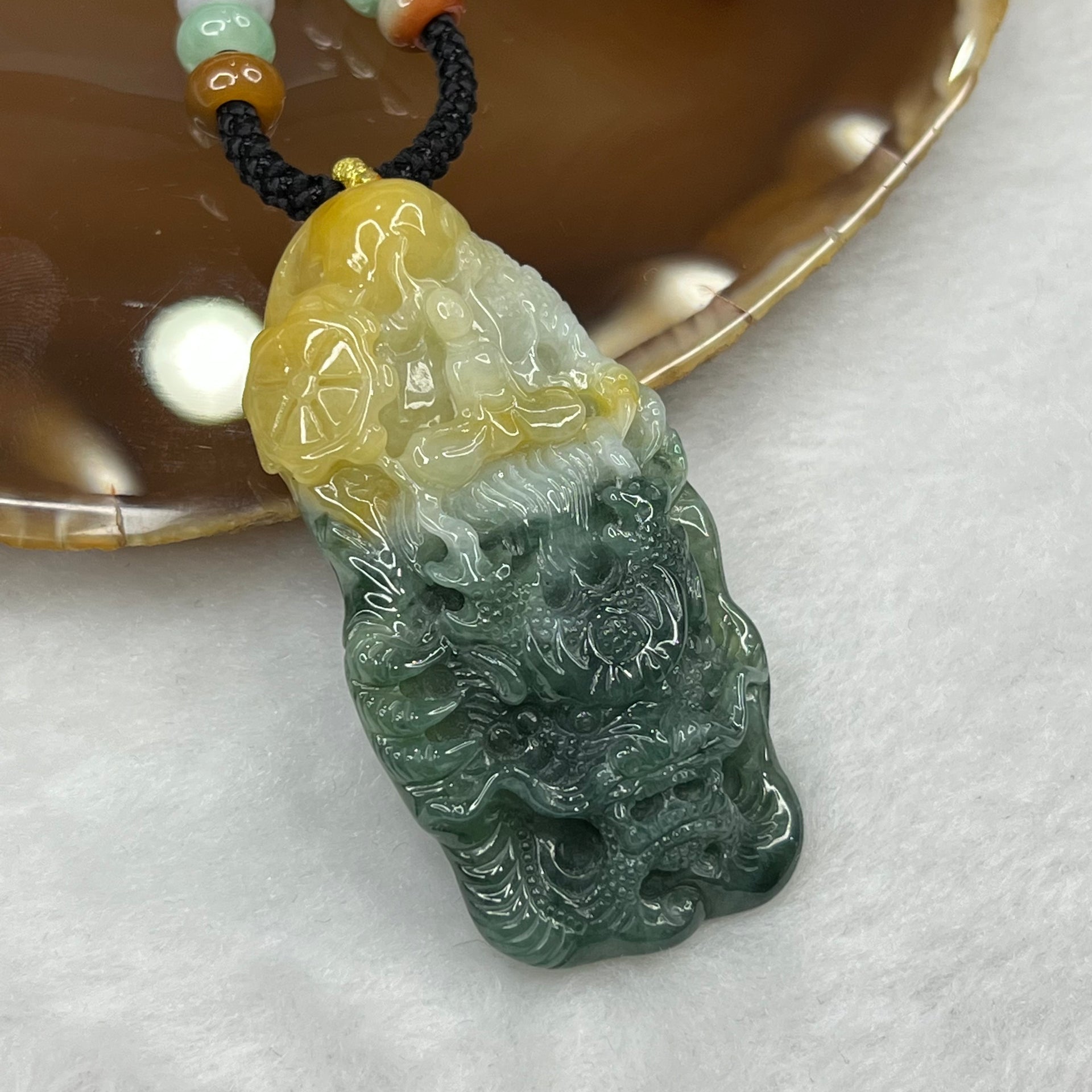 Type A Yellow and Green Jadeite Dragon and Gui Ren Pendant 36.45g 58.2 by 30.9 by 11.2mm - Huangs Jadeite and Jewelry Pte Ltd