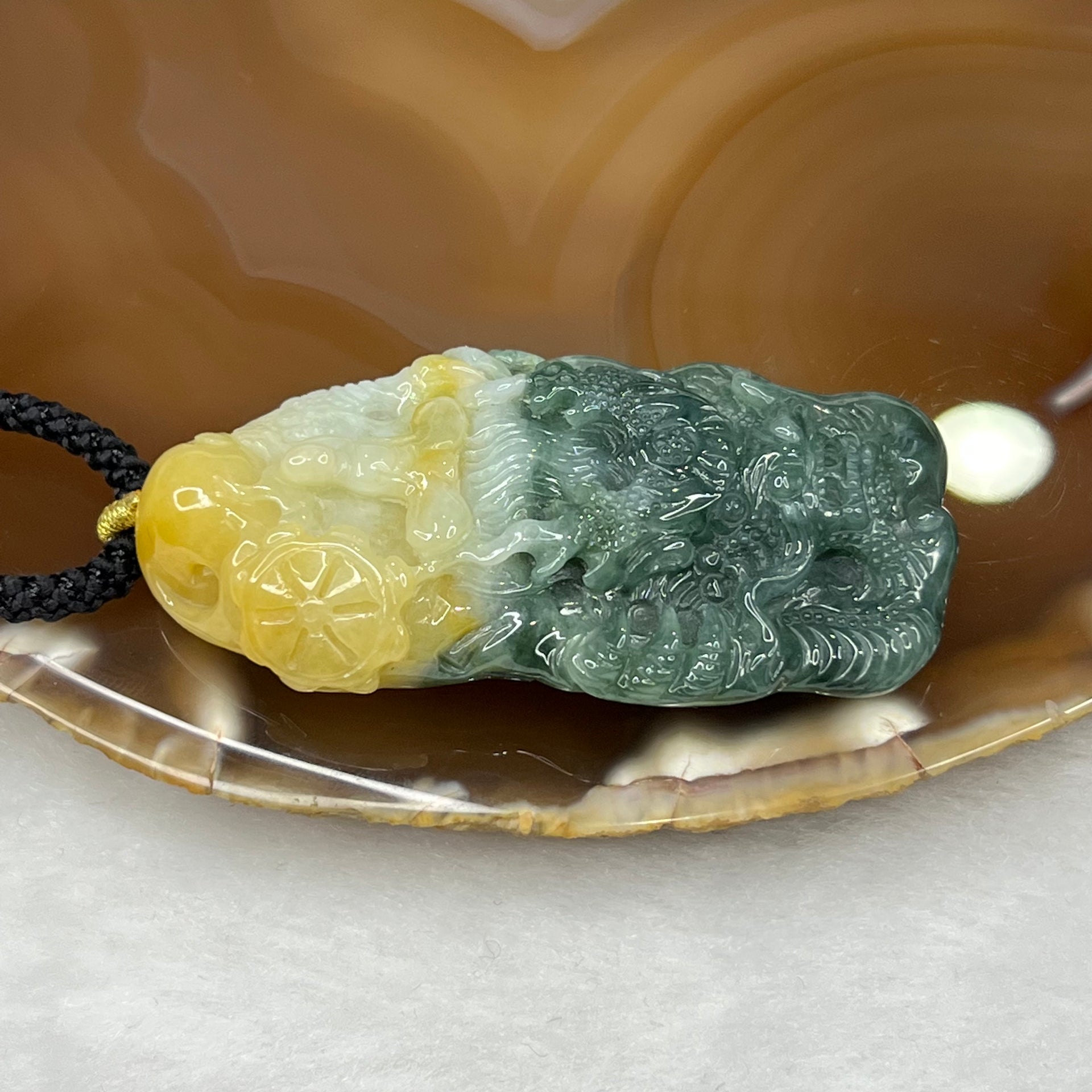 Type A Yellow and Green Jadeite Dragon and Gui Ren Pendant 36.45g 58.2 by 30.9 by 11.2mm - Huangs Jadeite and Jewelry Pte Ltd