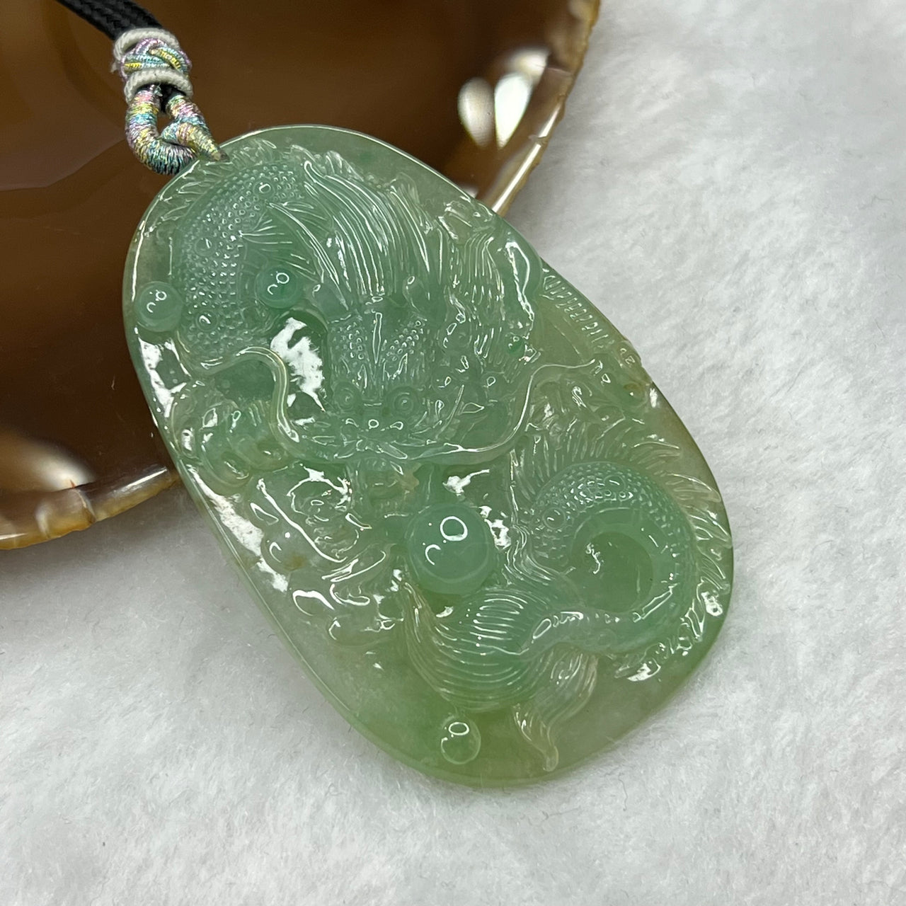 Type A Semi Icy Green Jade Jadeite Dragon Pendant 49.48g 65.9 by 43.0 by 10.5 mm - Huangs Jadeite and Jewelry Pte Ltd