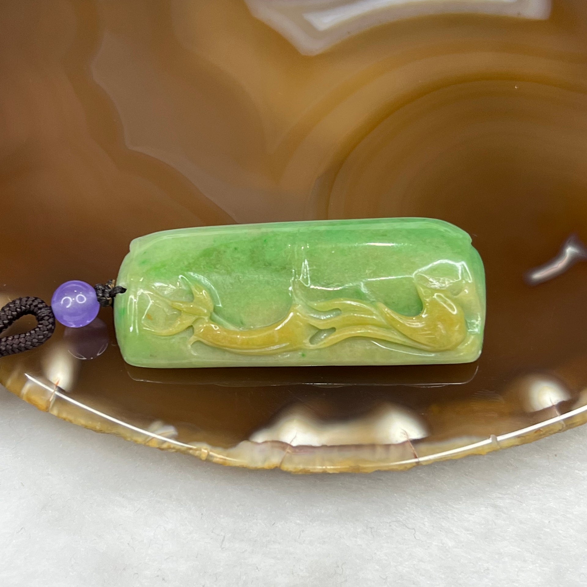 Type A Apple Green with Yellow Jade Jadeite Birds Pendant 22.14g 50.2 by 20.8 by 11.0 mm - Huangs Jadeite and Jewelry Pte Ltd