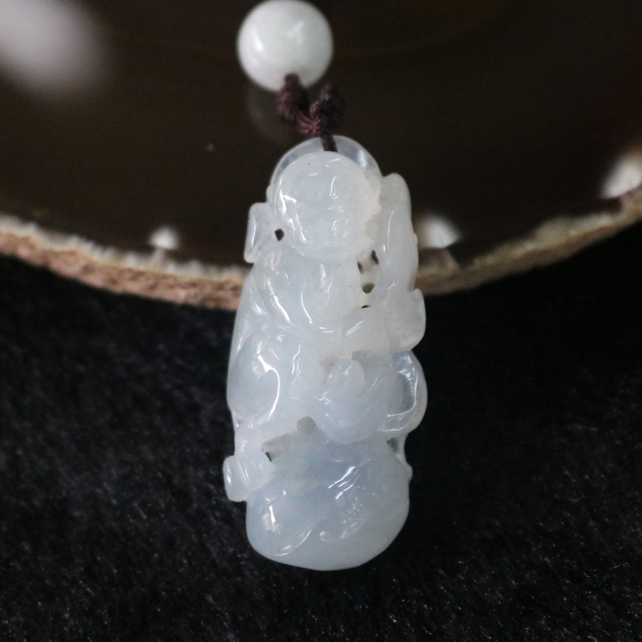 Icy Type A Burmese Jade Jadeite Monkey on a Peach Feng Shui Pendant with NGI Cert 18.31g 44.1 by 20.3 by 13.7mm - Huangs Jadeite and Jewelry Pte Ltd